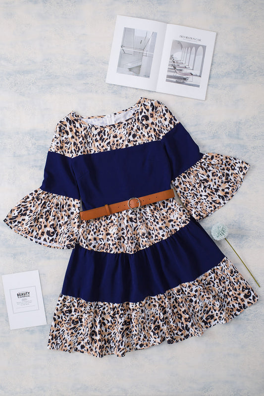 Leopard Color Block Flounce Sleeve Dress
