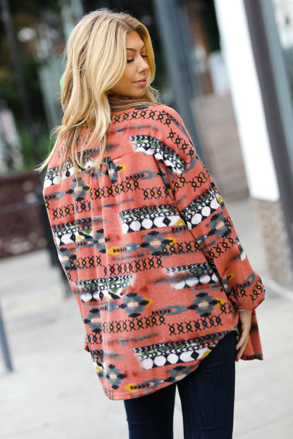 Trendy Rust Aztec Print Button Down Brushed Shacket