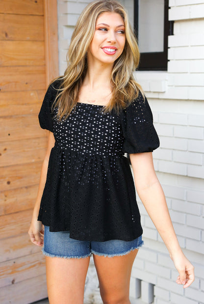 Midnight Eyelet Puff Sleeve Babydoll Top