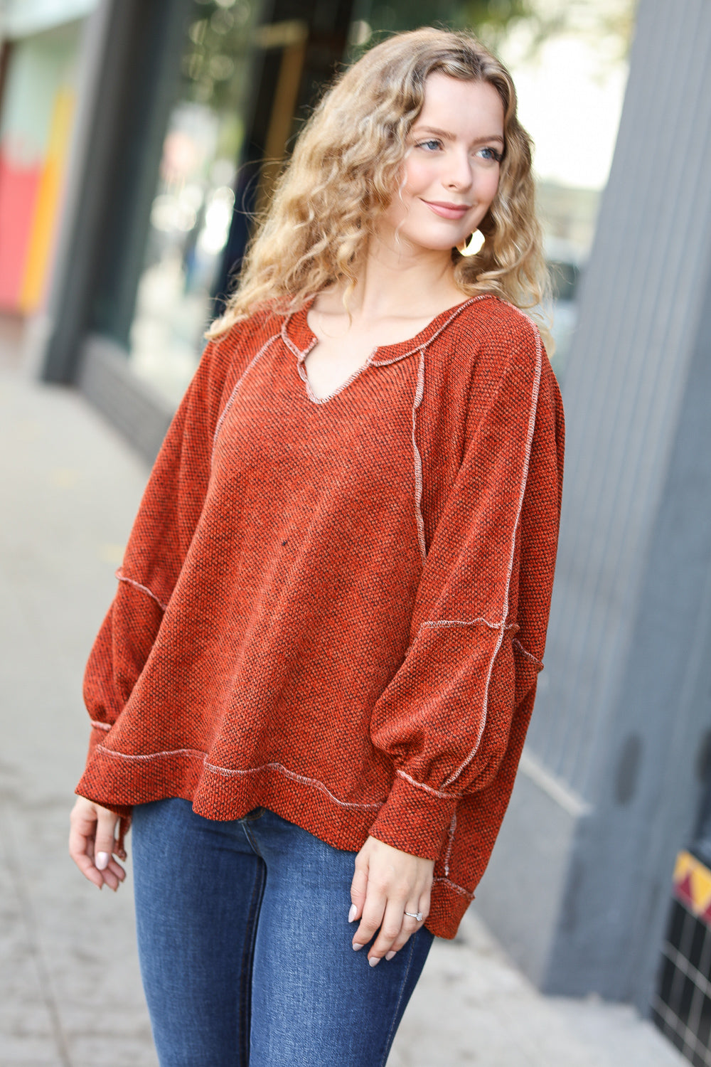 The Slouchy Rust Two Tone Knit Notched Raglan Top