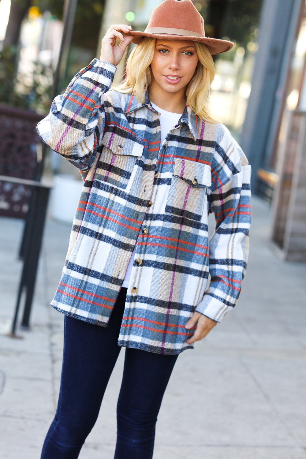 Perfectly You Taupe & Blue Plaid Flannel Button Down Shacket