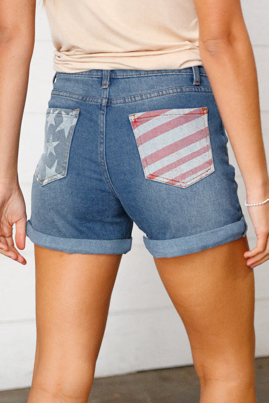 Button Down Cuffed Hem Patriotic Pocket Shorts