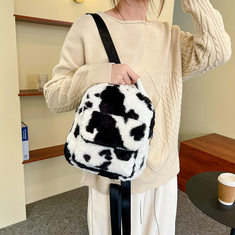Cute Cows Pattern Furry Backpack Women Small Bags