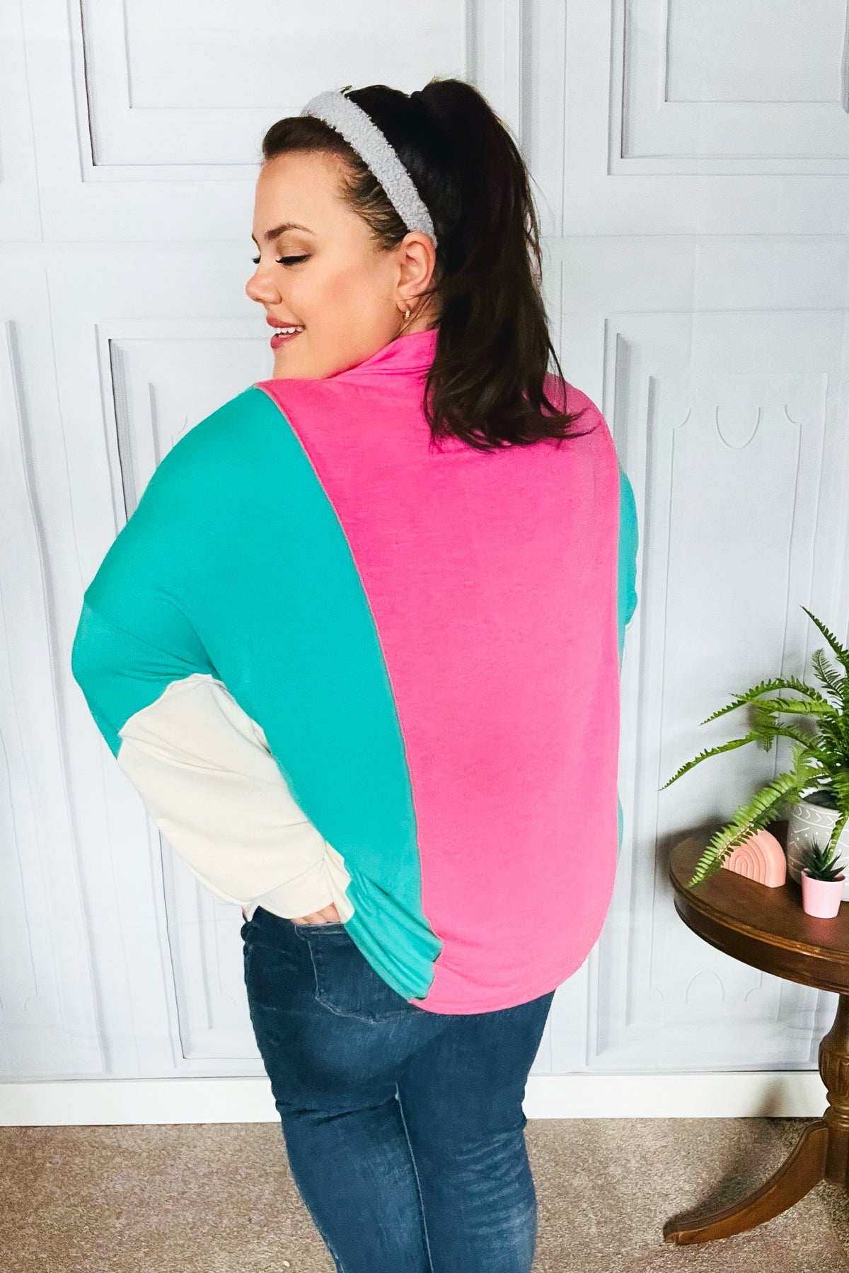 Stand Out Hot Pink & Mint V Neck Collared Terry Color Block Top