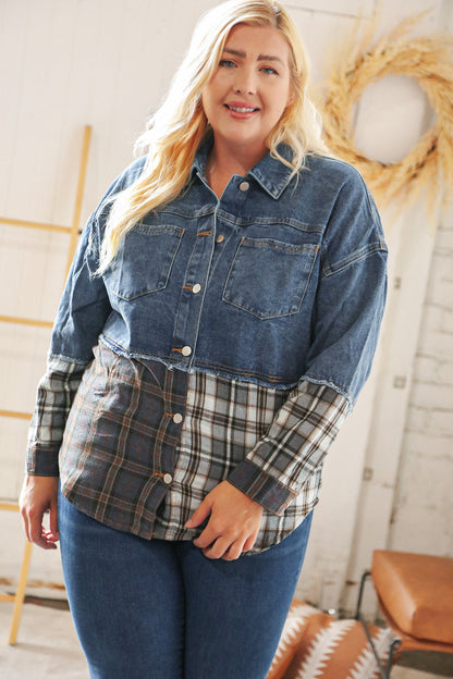 Washed Cotton Denim Plaid Color Block Jacket