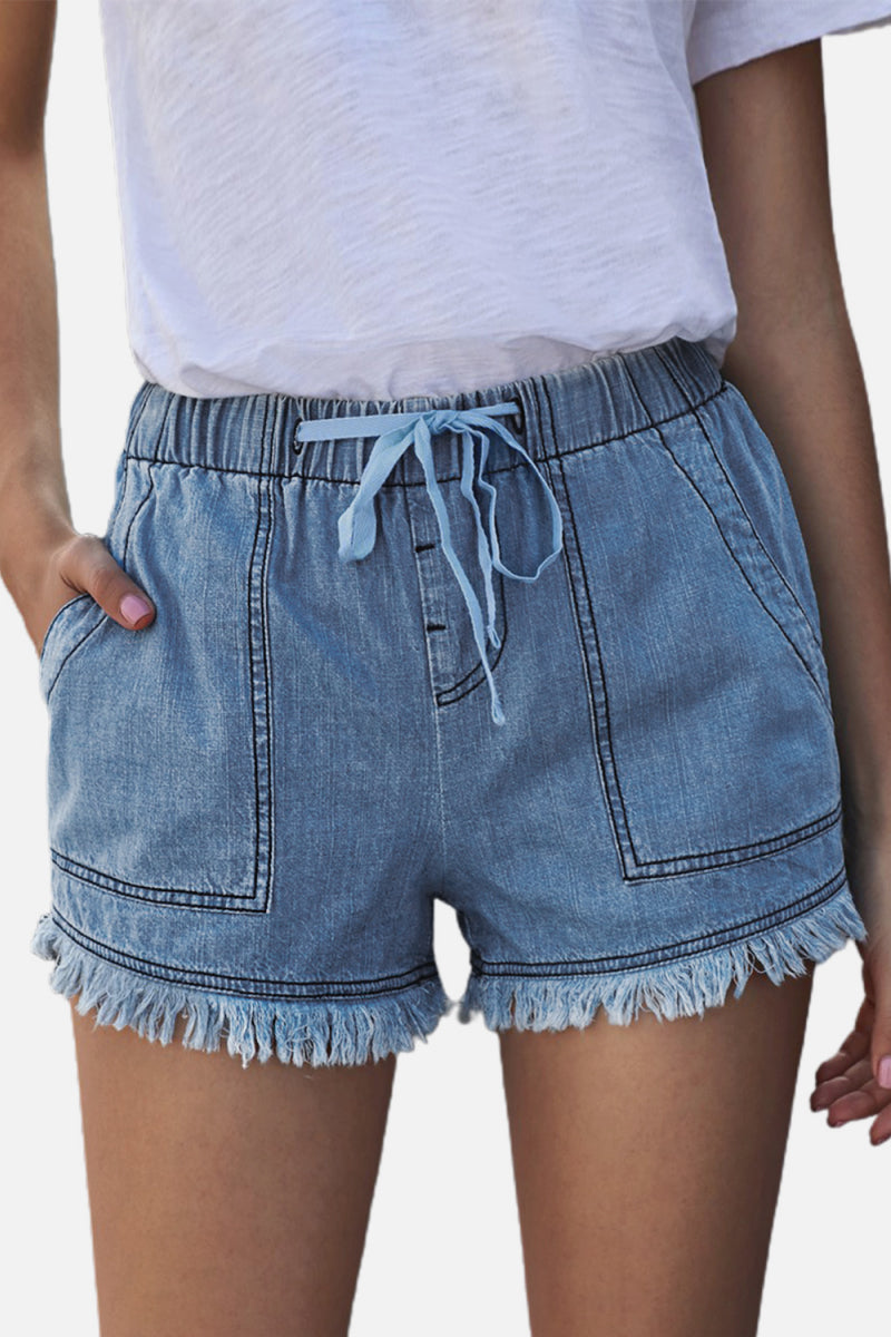 Pocketed Frayed Denim Shorts